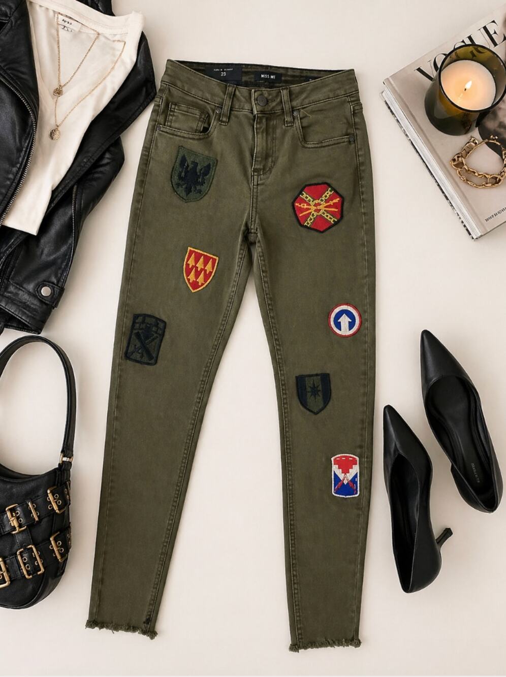 NWT 25 Miss Me Jeans Olive Green Patch It Up Army Biker Ankle Skinny Jeans